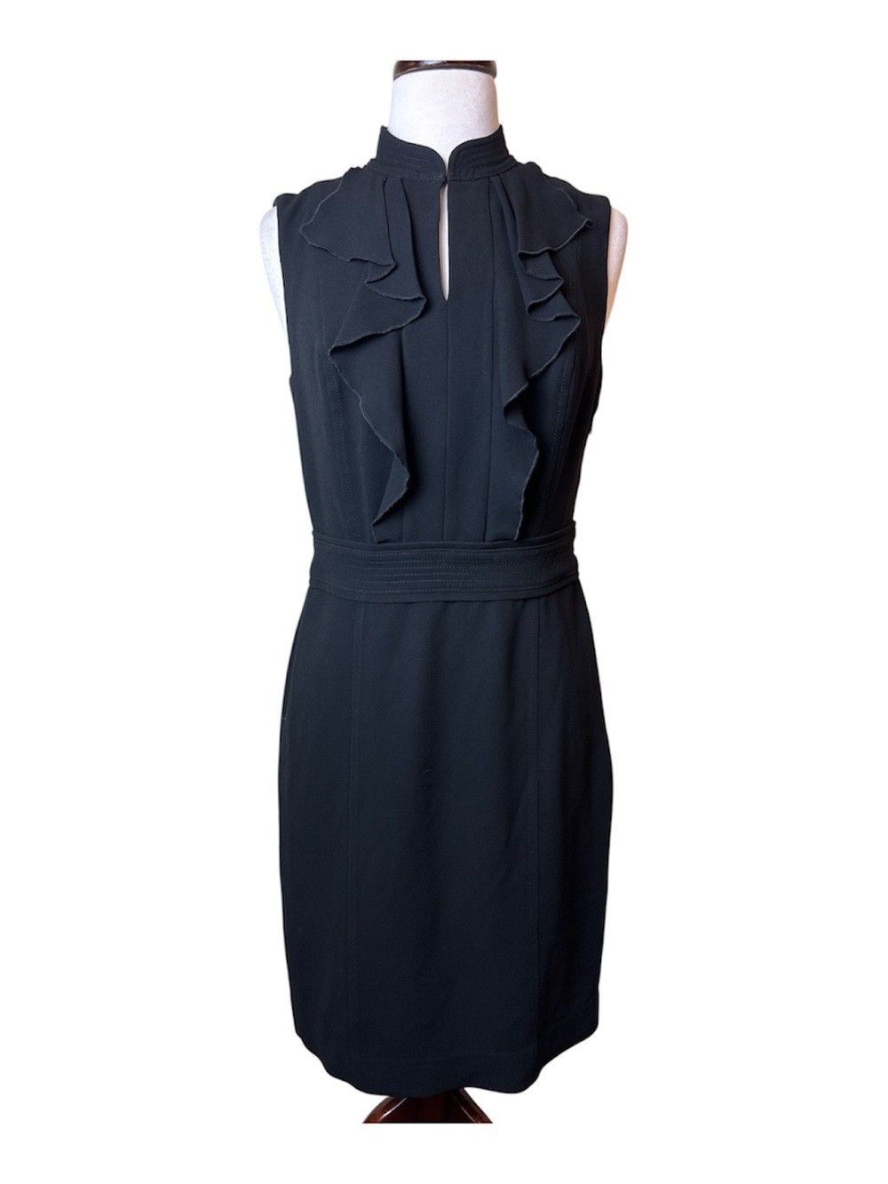 Tory Burch Dress Midi Pencil Size 8 Sleeveless Black Ruffle-Front Elegant